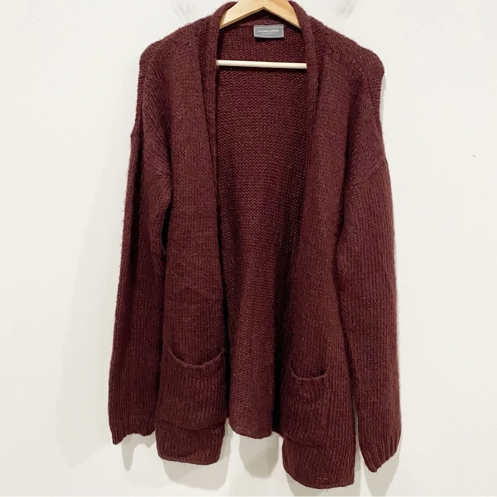 WOODEN SHIPS Burgundy Open Cardigan Pockets Wool Cabincore Size Medium Large